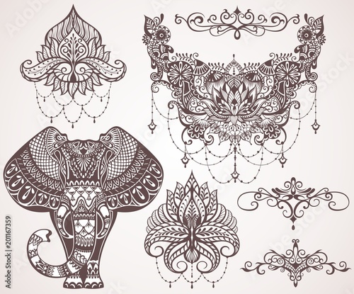 Lotus, hamsa, elephant, Ganesha. Mihendi style