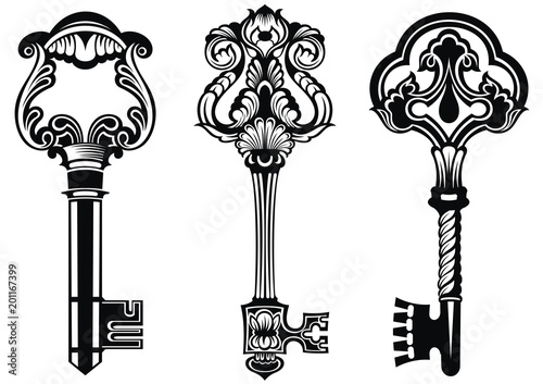 Black and white set of vintage keys . Sketch icons for tattoo 