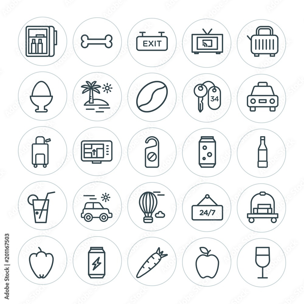 Modern Simple Set of food, hotel, drinks, travel Vector outline Icons. ..Contains such Icons as  alcohol,  travel,  container,  food,  open and more on white background. Fully Editable. Pixel Perfect