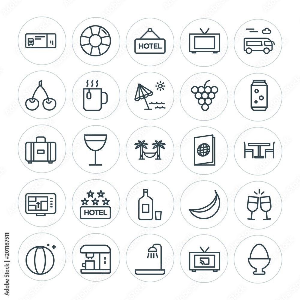 Modern Simple Set of food, hotel, drinks, travel Vector outline Icons. ..Contains such Icons as banana, food,  easter,  rescue,  play, sign and more on white background. Fully Editable. Pixel Perfect