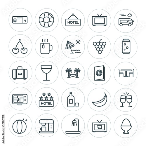 Modern Simple Set of food, hotel, drinks, travel Vector outline Icons. ..Contains such Icons as banana, food, easter, rescue, play, sign and more on white background. Fully Editable. Pixel Perfect