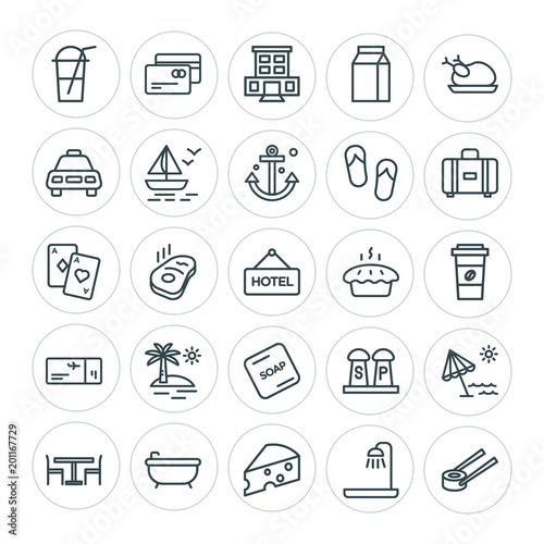 Modern Simple Set of food, hotel, drinks, travel Vector outline Icons. ..Contains such Icons as room, building, design, salt, vacation and more on white background. Fully Editable. Pixel Perfect