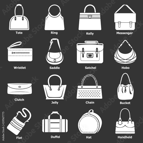 Woman bag types icons set vector white isolated on grey background 