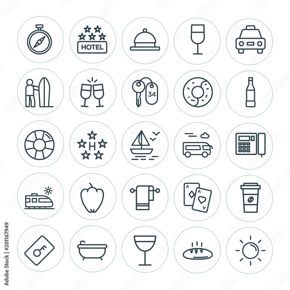 Modern Simple Set of food, hotel, drinks, travel Vector outline Icons. ..Contains such Icons as  service,  drink, luxury,  bakery, bread and more on white background. Fully Editable. Pixel Perfect