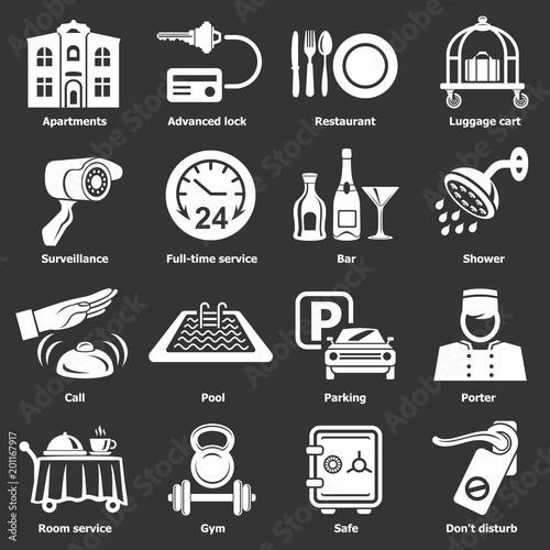 Hotel service icons set vector white isolated on grey background 