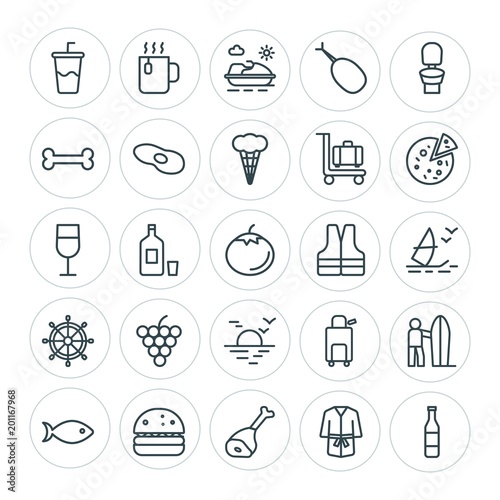 Modern Simple Set of food, hotel, drinks, travel Vector outline Icons. ..Contains such Icons as suitcase, burger, water, bath, fast, mug and more on white background. Fully Editable. Pixel Perfect