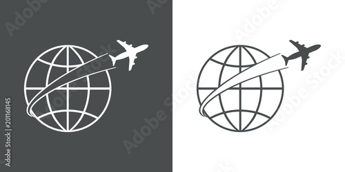Icono plano avion alrededor del mundo en gris y blanco