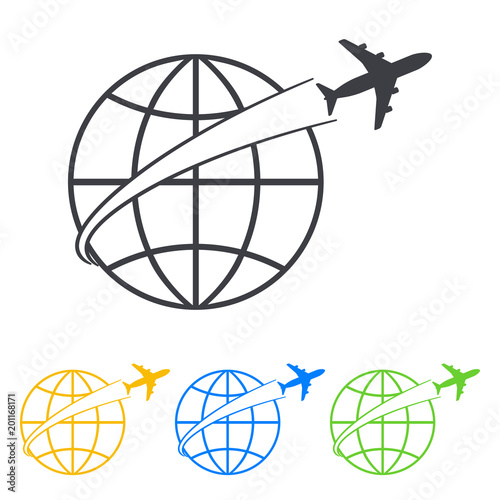 Icono plano avion alrededor del mundo en varios colores