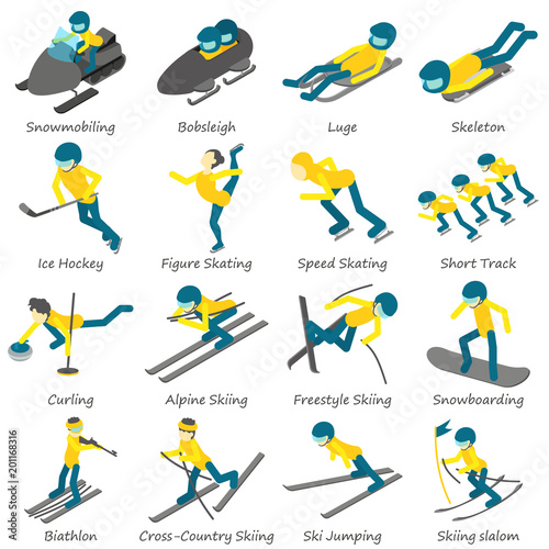 Winter sport ski snowboard icons set. Isometric illustration of 16 winter sport ski snowboard vector icons for web