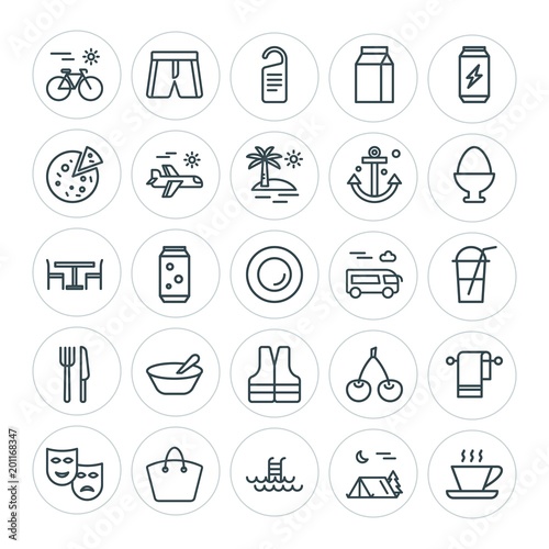 Modern Simple Set of food, hotel, drinks, travel Vector outline Icons. ..Contains such Icons as clothing, vacation, bag, hotel, food and more on white background. Fully Editable. Pixel Perfect