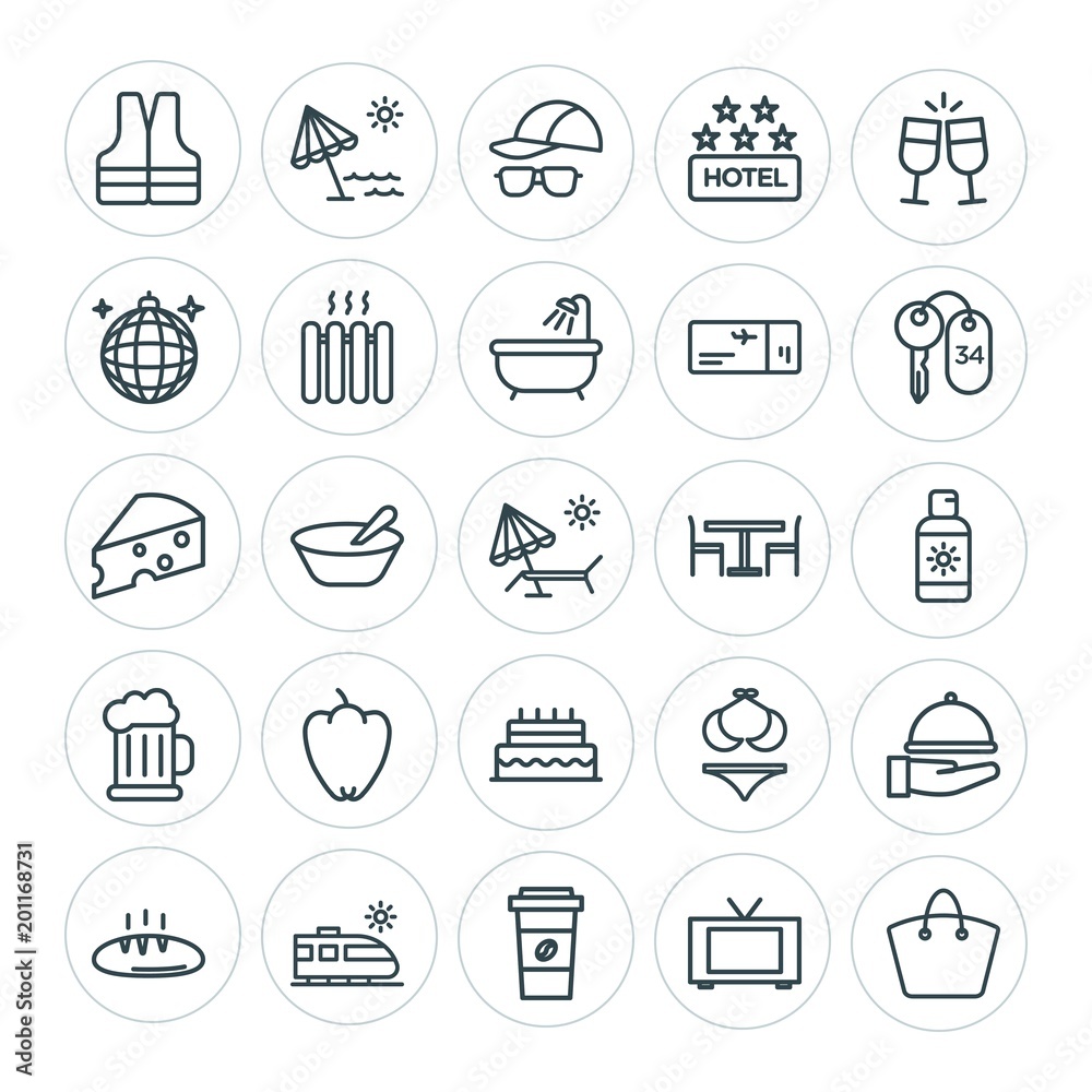 Modern Simple Set of food, hotel, drinks, travel Vector outline Icons. ..Contains such Icons as  safety,  train,  cup, umbrella,  vest, life and more on white background. Fully Editable. Pixel Perfect