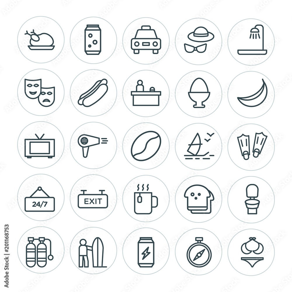 Modern Simple Set of food, hotel, drinks, travel Vector outline Icons. ..Contains such Icons as  breakfast,  container,  sanitary,  surfer and more on white background. Fully Editable. Pixel Perfect