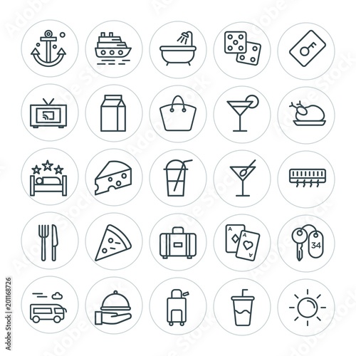 Modern Simple Set of food, hotel, drinks, travel Vector outline Icons. ..Contains such Icons as  drink,  vector,  restaurant, bus,  glass and more on white background. Fully Editable. Pixel Perfect