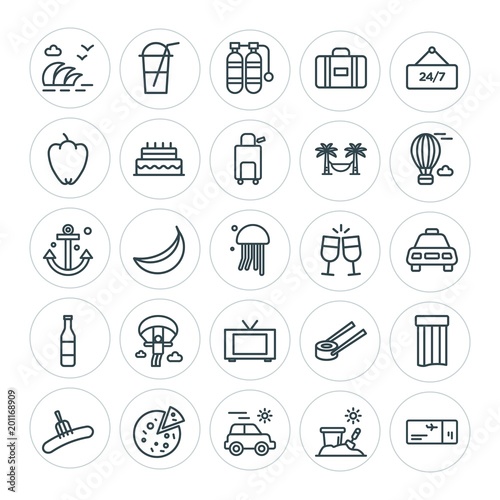 Modern Simple Set of food, hotel, drinks, travel Vector outline Icons. ..Contains such Icons as food, sushi, ice, pass, travel, food, sea and more on white background. Fully Editable. Pixel Perfect
