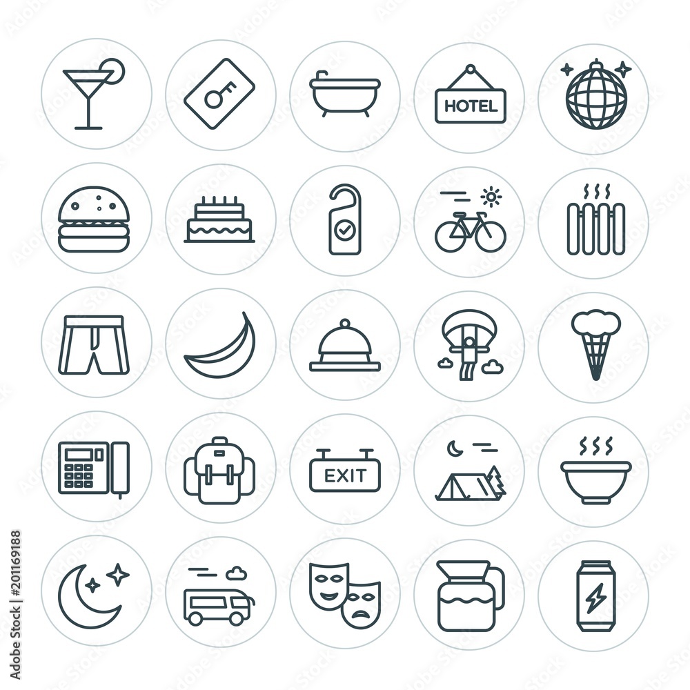 Modern Simple Set of food, hotel, drinks, travel Vector outline Icons. ..Contains such Icons as  light,  transportation,  bottle,  food, key and more on white background. Fully Editable. Pixel Perfect