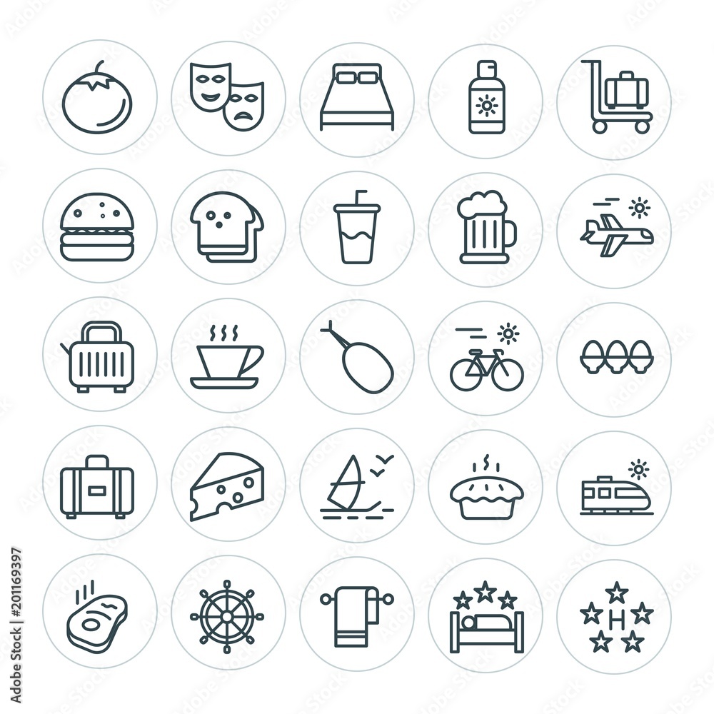 Modern Simple Set of food, hotel, drinks, travel Vector outline Icons. ..Contains such Icons as hot, theater,  show,  symbol, bedroom,  cup and more on white background. Fully Editable. Pixel Perfect
