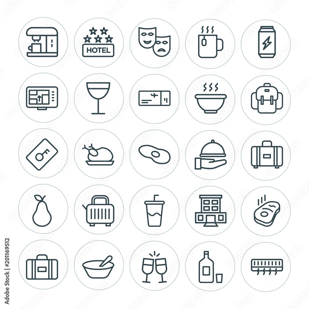 Modern Simple Set of food, hotel, drinks, travel Vector outline Icons. ..Contains such Icons as  baggage,  celebration,  temperature,  toast and more on white background. Fully Editable. Pixel Perfect