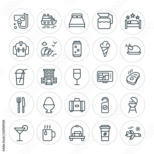 Modern Simple Set of food, hotel, drinks, travel Vector outline Icons. ..Contains such Icons as mask, cocktail, bed, door, vacation, sea and more on white background. Fully Editable. Pixel Perfect