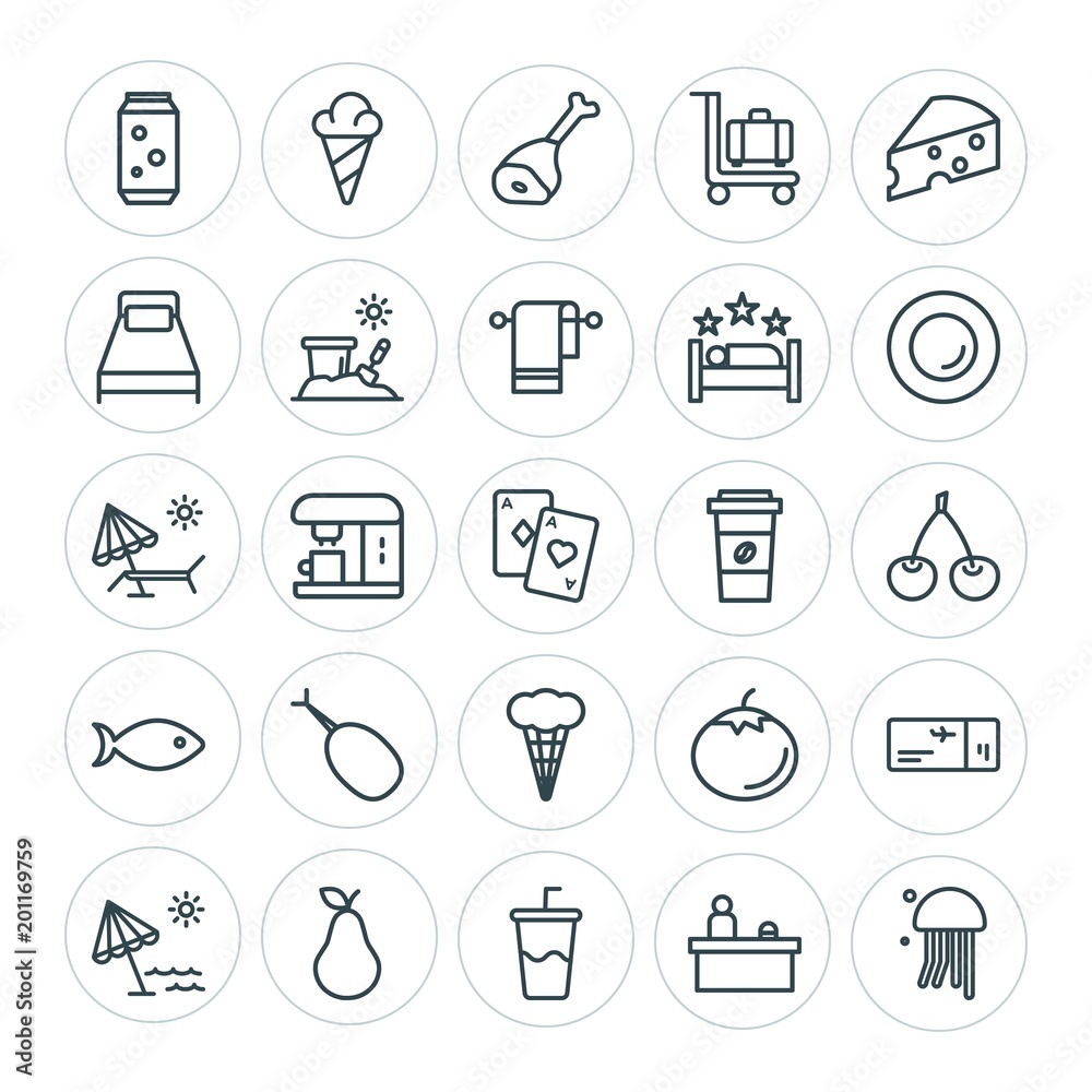 Modern Simple Set of food, hotel, drinks, travel Vector outline Icons. ..Contains such Icons as meat,  summer,  soda,  beef,  animal,  hot and more on white background. Fully Editable. Pixel Perfect