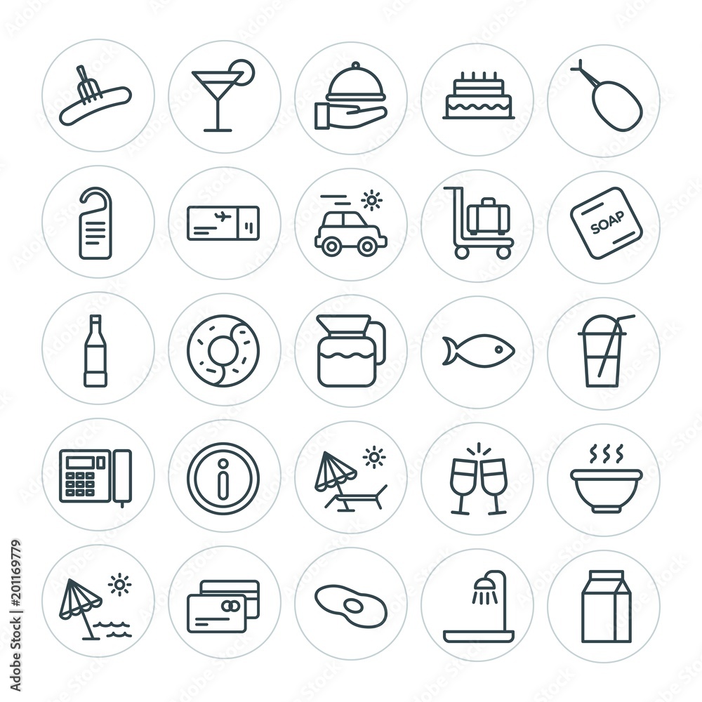 Modern Simple Set of food, hotel, drinks, travel Vector outline Icons. ..Contains such Icons as  sweet,  bath, scrambled,  barbecue, credit and more on white background. Fully Editable. Pixel Perfect