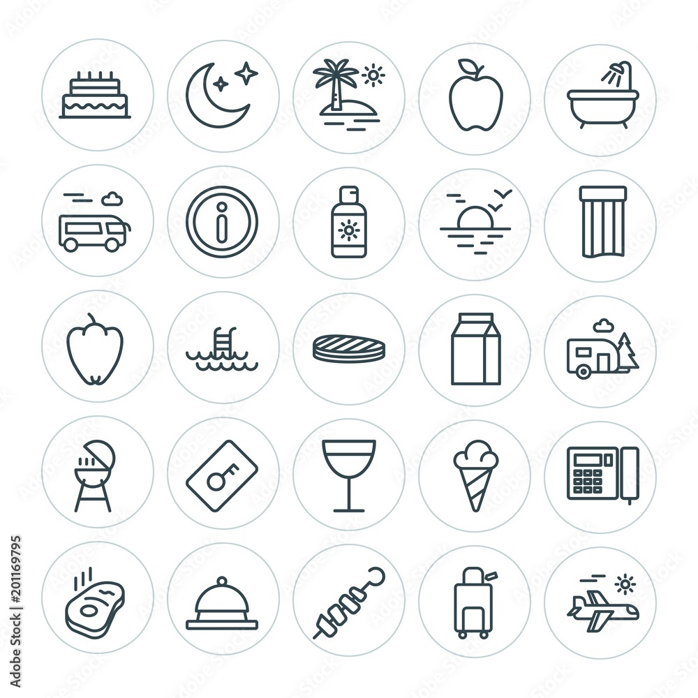 Modern Simple Set of food, hotel, drinks, travel Vector outline Icons. ..Contains such Icons as  steak,  summer, food, beef,  sky,  birthday and more on white background. Fully Editable. Pixel Perfect