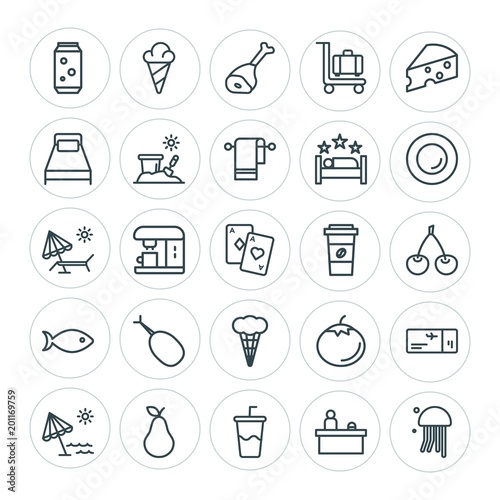 Modern Simple Set of food, hotel, drinks, travel Vector outline Icons. ..Contains such Icons as meat,  summer,  soda,  beef,  animal,  hot and more on white background. Fully Editable. Pixel Perfect