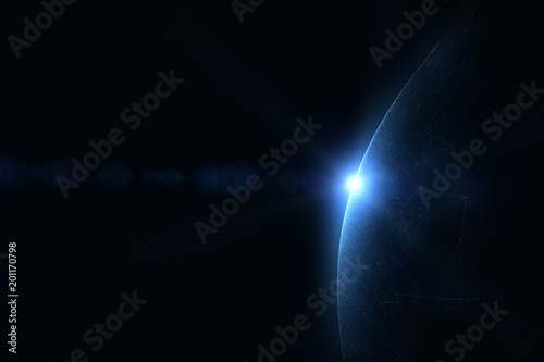 Fototapeta Naklejka Na Ścianę i Meble -  Artistic network cyberspace globe with sunlight reflection copy space illustration background. View from space.