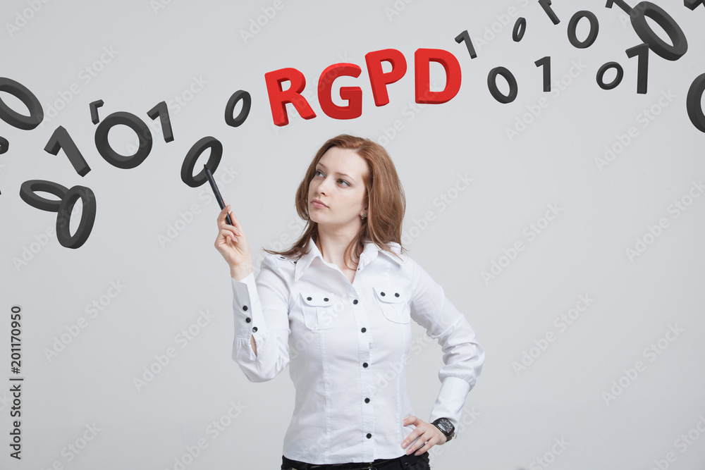 RGPD, Spanish, French and Italian version version of GDPR: Reglamento General de Proteccion de datos. General Data Protection Regulation. Young woman working with information. RGPD, Spanish, French and Italian version version of GDPR: Reglamento General de Proteccion de datos. General Data Protection Regulation. Young woman working with information.
