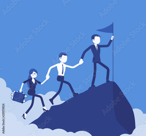 Team of successful businesspeople conquering mountain market top