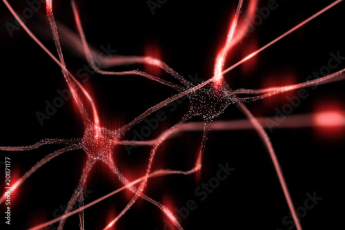 Artistic red colored neurons in the brain illustration on black background. Selective focus used.
