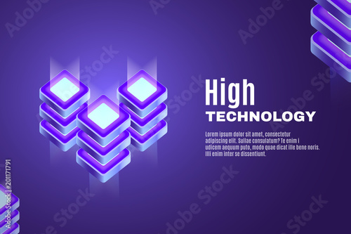 High technology of future. Concept of big data processing, energy station, server room rack, data center. Cryptocurrency and blockchain isometric illustration. 3d Vector banner, eps10