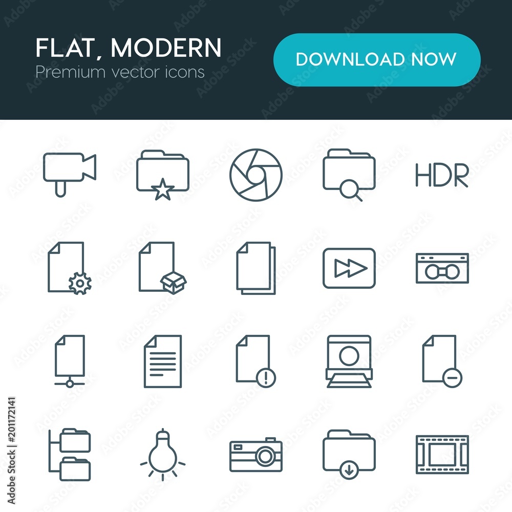 Obraz premium Modern Simple Set of folder, video, photos, files Vector outline Icons. ..Contains such Icons as business, document, file, hdr, film, box and more on white background. Fully Editable. Pixel Perfect
