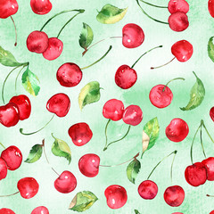 Papier peint photo Fruits aquarelle patrons Cerises aquarelle motif fond vert  © ringele