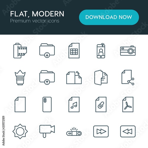 Modern Simple Set of folder, video, photos, files Vector outline Icons. ..Contains such Icons as old, sheet, scroll, camera, photography and more on white background. Fully Editable. Pixel Perfect