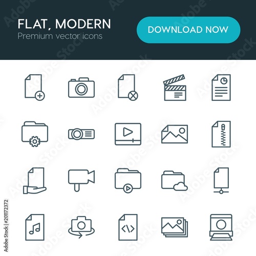 Modern Simple Set of folder, video, photos, files Vector outline Icons. ..Contains such Icons as image,  folder, add,  cloud, film,  lens and more on white background. Fully Editable. Pixel Perfect