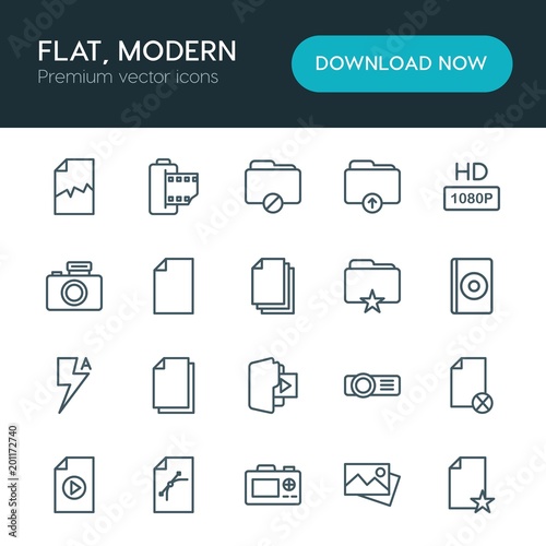 Modern Simple Set of folder, video, photos, files Vector outline Icons. ..Contains such Icons as technology, movie, photo, camera, tv and more on white background. Fully Editable. Pixel Perfect