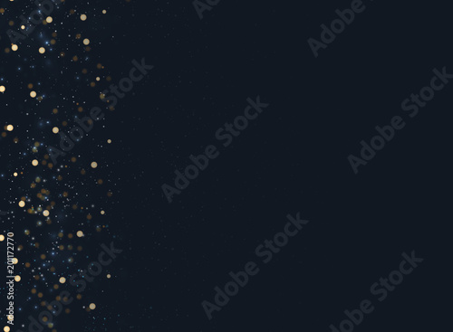Abstract navy blue blurred background with bokeh and gold glitter left side.
