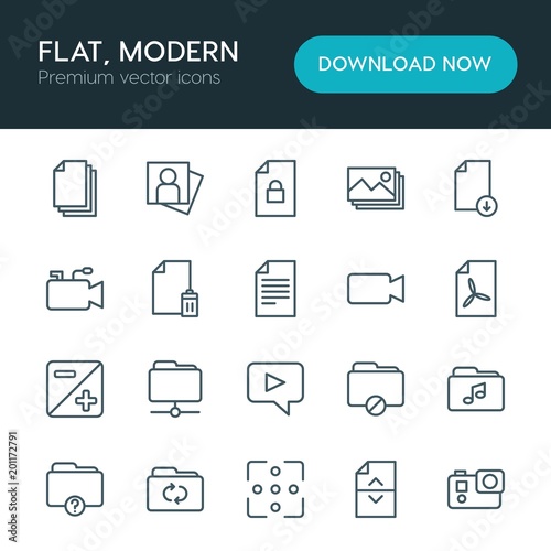 Modern Simple Set of folder, video, photos, files Vector outline Icons. ..Contains such Icons as portrait,  catalog,  light, music,  video and more on white background. Fully Editable. Pixel Perfect © djvectors