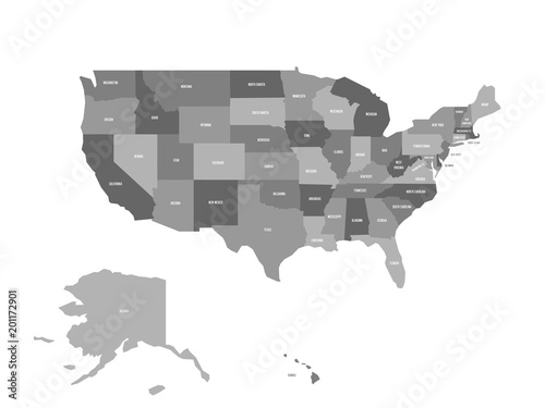 Political map of United States od America, USA. Simple flat vector map in four shades of grey with white state name labels on white background.