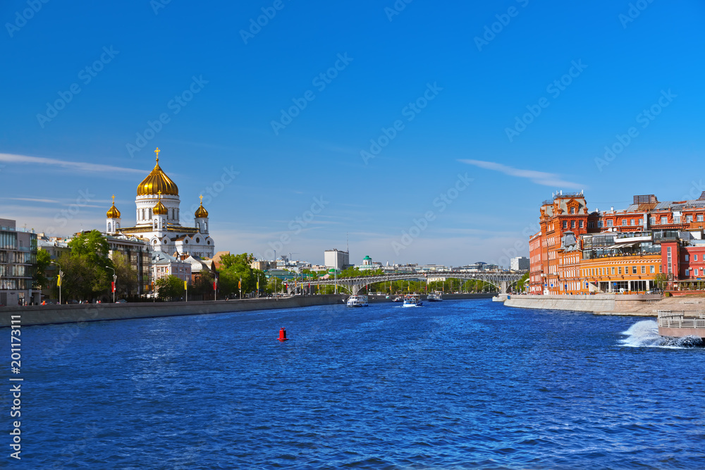 Church of Christ the Savior and Former factory building in Moscow Russia