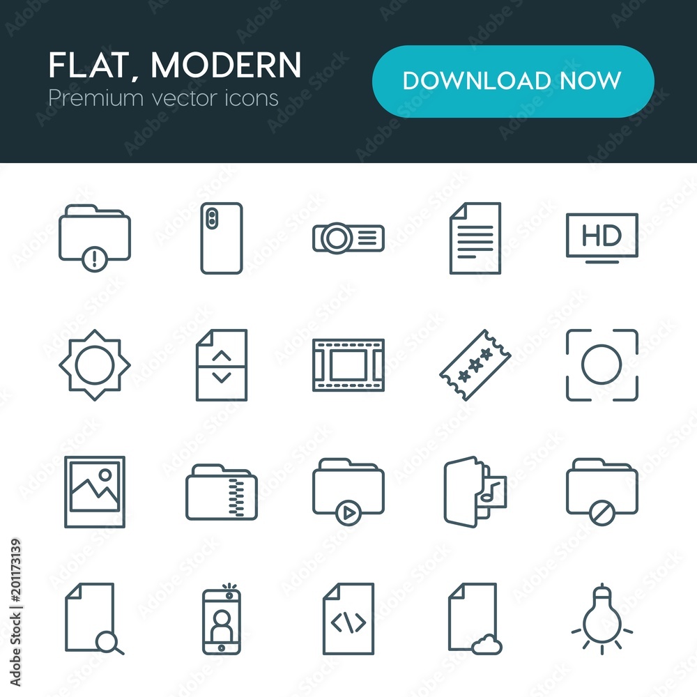 Modern Simple Set of folder, video, photos, files Vector outline Icons. ..Contains such Icons as  data,  document,  icon,  light,  text,  tv and more on white background. Fully Editable. Pixel Perfect