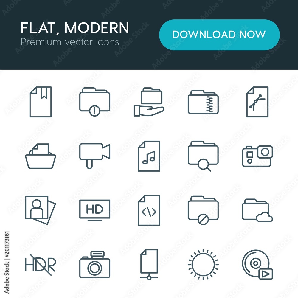 Modern Simple Set of folder, video, photos, files Vector outline Icons. ..Contains such Icons as folder, play, travel, lens, video, cd and more on white background. Fully Editable. Pixel Perfect Modern Simple Set of folder, video, photos, files Vector outline Icons. ..Contains such Icons as folder, play, travel, lens, video, cd and more on white background. Fully Editable. Pixel Perfect