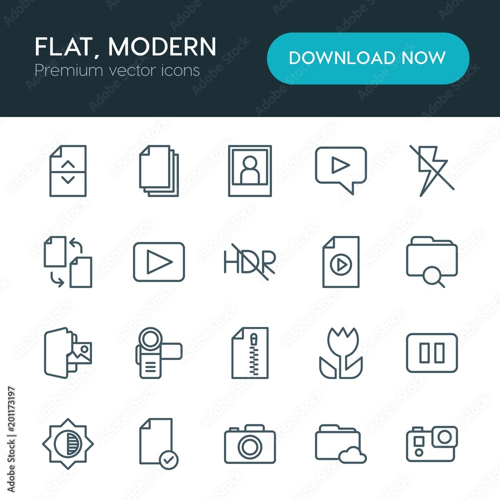 Modern Simple Set of folder, video, photos, files Vector outline Icons. ..Contains such Icons as  data,  camera,  photography,  file, stop and more on white background. Fully Editable. Pixel Perfect