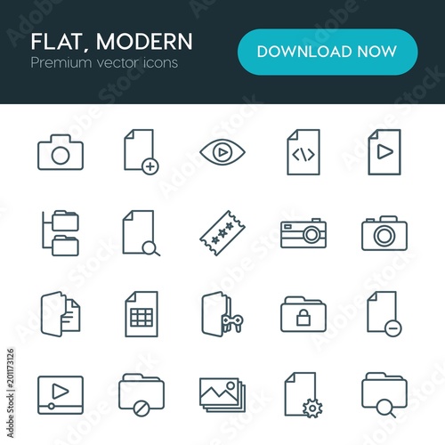 Modern Simple Set of folder, video, photos, files Vector outline Icons. ..Contains such Icons as  vector,  sign,  folder,  delete,  search and more on white background. Fully Editable. Pixel Perfect