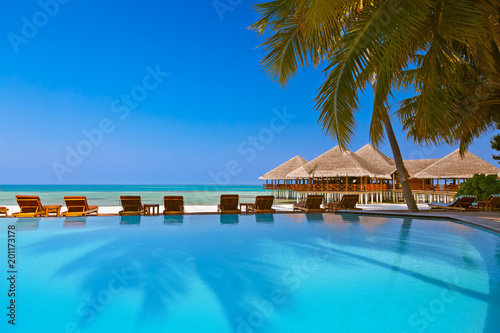 Pool and cafe on Maldives beach