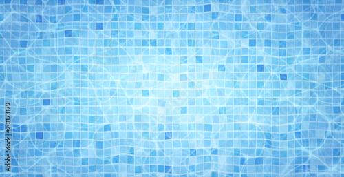 Swimming pool bottom caustics ripple and flow with waves background. Summer background. Texture of water surface. Overhead view. Vector background.