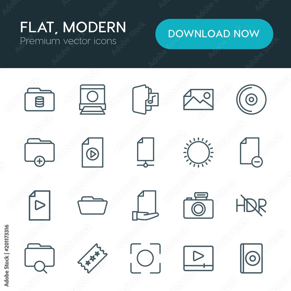 Modern Simple Set of folder, video, photos, files Vector outline Icons. ..Contains such Icons as compact, paper, business, cd, internet and more on white background. Fully Editable. Pixel Perfect Modern Simple Set of folder, video, photos, files Vector outline Icons. ..Contains such Icons as compact, paper, business, cd, internet and more on white background. Fully Editable. Pixel Perfect