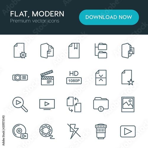 Modern Simple Set of folder, video, photos, files Vector outline Icons. ..Contains such Icons as music, file, background, modern, file and more on white background. Fully Editable. Pixel Perfect