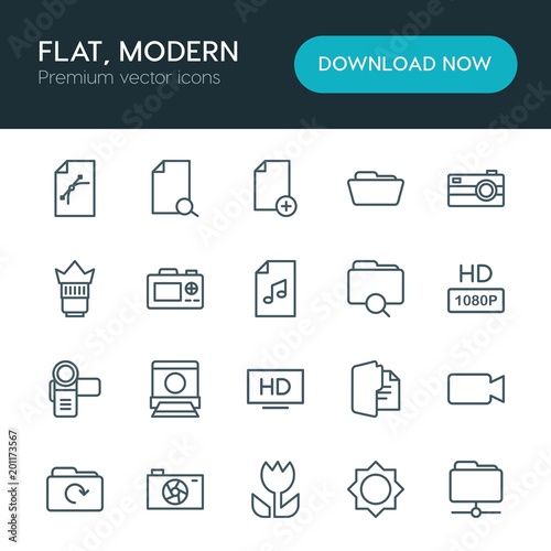 Modern Simple Set of folder, video, photos, files Vector outline Icons. ..Contains such Icons as vector, digital, information, data, add and more on white background. Fully Editable. Pixel Perfect