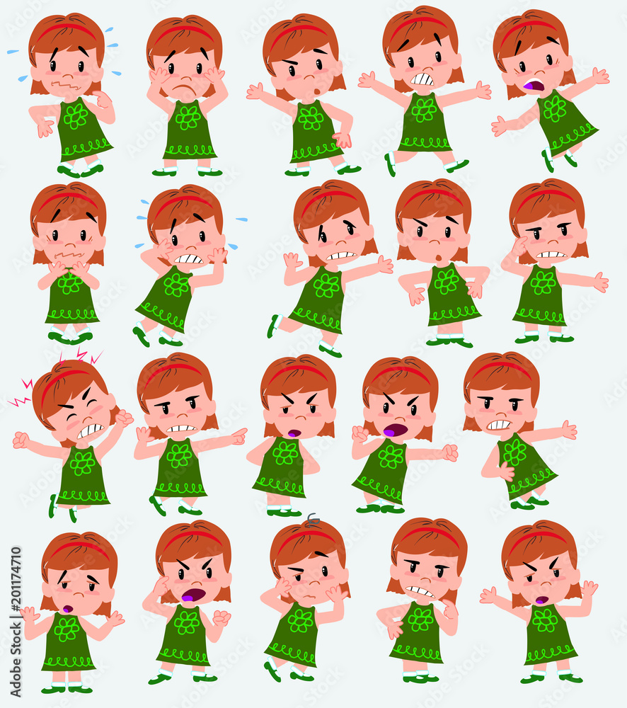 Cartoon character girl. Set with different postures, attitudes and poses, always in negative attitude, doing different activities in vector illustrations. Cartoon character girl. Set with different postures, attitudes and poses, always in negative attitude, doing different activities in vector illustrations.